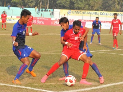 #BangabandhuGoldCup, #FullTime: #Maldives 1-1 #Bahrain, Group B in #Raajje aaeku #Semifinal ah #Bahrain