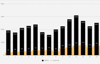މަހުގެ ފުރަތަމަ 14: ޕޮޒިޓިވްވާ ރޭޓް ދަށެއް ނުވޭ، ކޮންމެ 5 ޓެސްޓަކުން 1 ޕޮޒިޓިވް