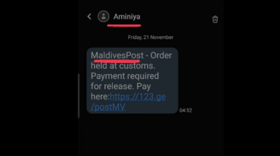 "އަމީނިއްޔާ"ގެ ނަމުގައި ކަސްޓަމްސްއިން އޯޑަރު ހިފަހައްޓާ ކަމަށް ބުނާ ސްކޭމް މެސެޖުތަކެއް ދައުރުވަނީ