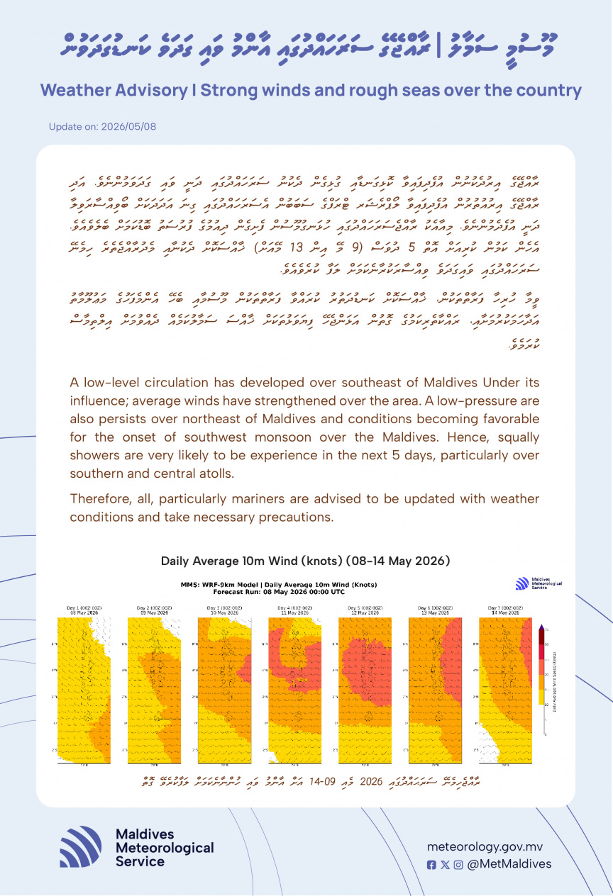 ކުރިއަށް އޮތް ދުވަސްތަކުގައި ވަޔާއި ކަނޑުތައް ގަދަވާނެ؛ ރާއްޖެއަށް ހުޅަނގު މޫދުން ފެށުމުގެ ފުރުސަތު ބޮޑު: މެޓް
